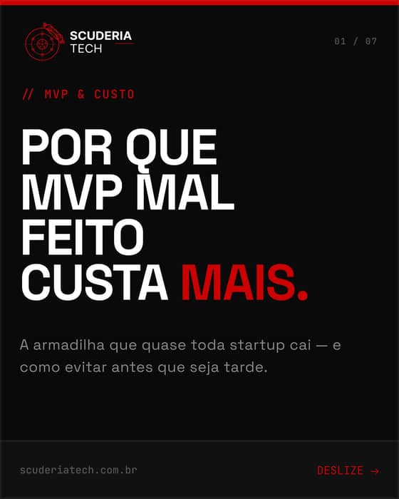 "Lança logo, depois a gente arruma."

Essa frase já custou meses de retrabalho para muita empresa boa.
MVP mal arquitetado não é só código feio — é dívida técnica que paralisa o crescimento na hora que você mais precisa acelerar.

Velocidade e qualidade não são opostos.

🏎️