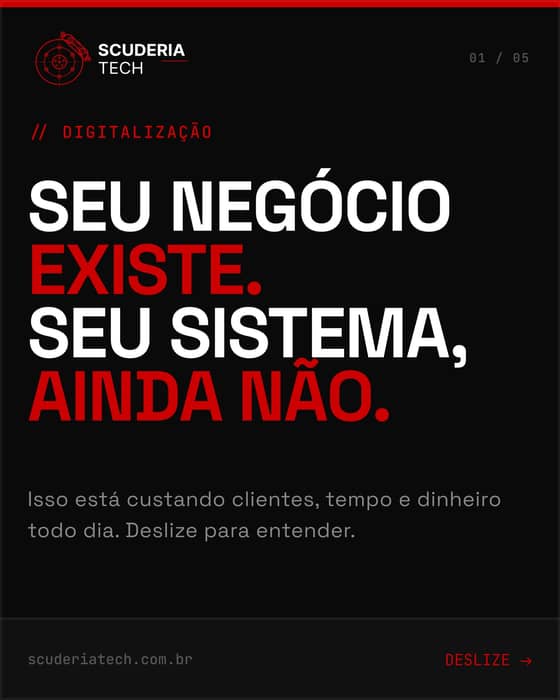 Seu negócio existe. Seu sistema, ainda não.
Enquanto você anota no caderno, seu concorrente já automatizou. A diferença entre os dois é menor do que você imagina.

A primeira conversa é técnica, não comercial.

🏎️