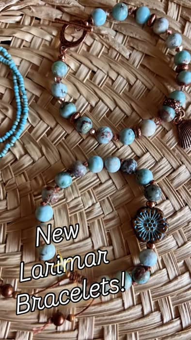 New!! Larimar, Czech Glass, Preciosa Crystals &  TierraCast Antique Copper Bracelets! 7.5" Wired with toggle clasp & 6.5' Knotted Brazilian Waxed Cord with Square Knot Closure for adjustable fit
