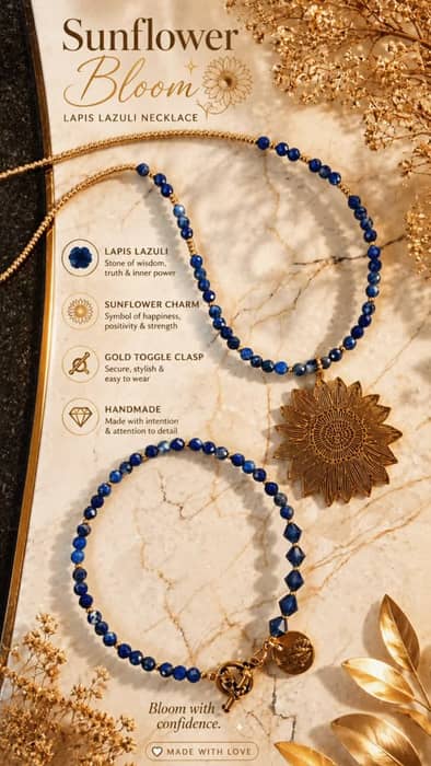 ✨🌿 SUNFLOWER BLOOM 🌻💙

Nature-inspired elegance with a little sparkle magic ✨

This handcrafted 17" necklace features stunning 3mm micro-faceted genuine Lapis Lazuli beads paired with Czech glass seed beads and a gorgeous waterproof 37x40mm PVD 18K gold-plated filigree sunflower charm 🌻☀️

The matching bracelet sparkles with Austrian crystals ✨ and is finished with a beautiful TierraCast antique gold toggle clasp and a 12.5mm Nunn Design antique gold leaf charm 🍃💛

💙 Genuine Lapis Lazuli✨ Austrian Crystals🌿 Handmade with love☀️ Elegant • Timeless • Nature-Inspired

Perfect for adding a touch of golden sunshine and deep ocean blues to your everyday style 🌊✨