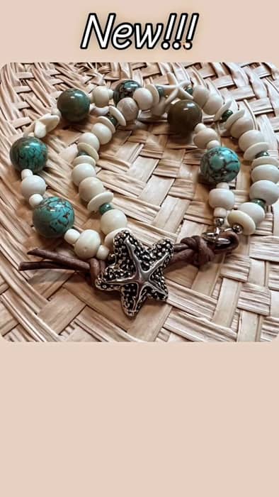 Hey there! It's been a while since I've made a piece of jewelry.  Life has been pretty chaotic and I needed to release some creative energy...so here's my latest.  7" Double strand, Turquoise Howlite, Bone, Seed Bead Bracelet on 49 Strand stainless Steel Wire with Starfish Beads,  Silver Tone Starfish Button & Genuine Weathered Leather Clasp.
