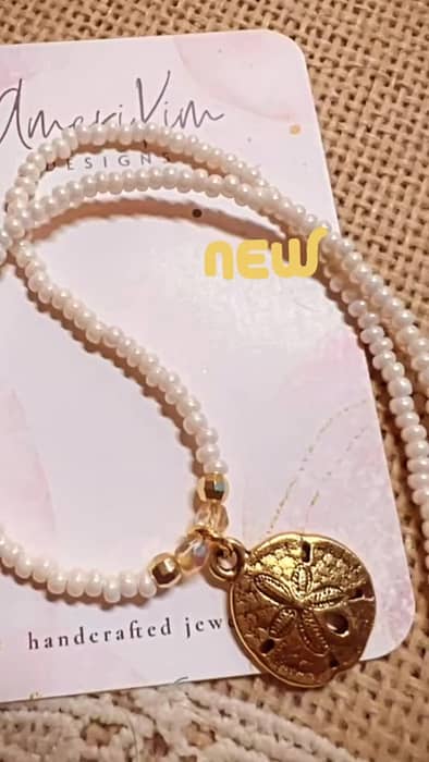 New! 15" Necklace with Czech Glass Pearly Cream, Seed Beads, Faceted Gold & Czech Glass Beads with Gold Tone   Sand Dollar Charm.
