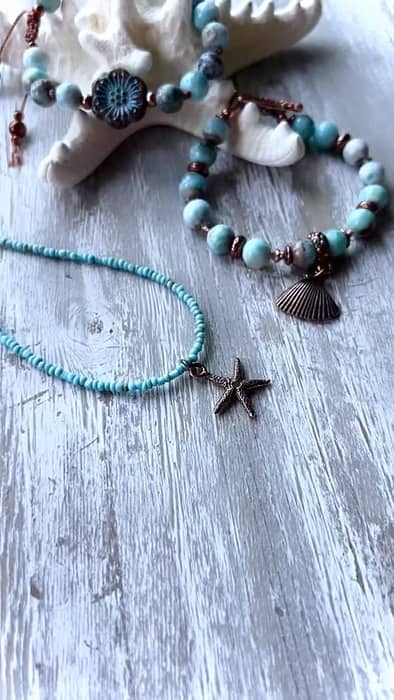 ‼️Knotted Bracelet with Czech Glass Flower SOLD‼️ New! Summer is here and so are some new AmeriKim Designs Jewelry! Beautiful Larimar 🌊 Bracelets with Czech Glass & Preciosa Crystals & African Java Beaded Necklace with   Antique Copper Components & Charms.  Bracelets are 6.5"  Necklace is 16" with Lobster Clasp.