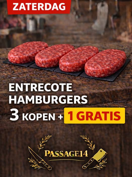 🔥 ZATERDAGPROMOTIE 🔥
🥩 Entrecote burgers – puur genieten van topkwaliteit rundsvlees
🍗 Kipfilets 3+1 GRATIS – meer kip voor dezelfde prijs!