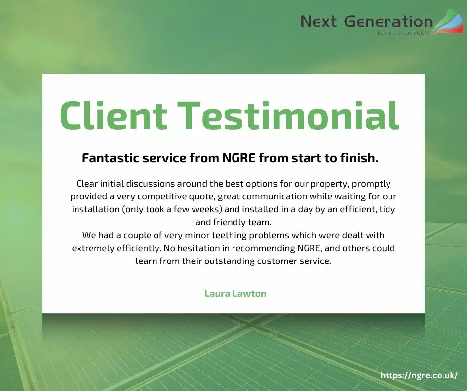 🌟 We Appreciate Your Feedback 💚
At Next Generation Renewable Energy, your satisfaction is our priority. Hearing about your positive experience motivates us to continue delivering exceptional service and renewable energy solutions to our amazing customers.

Thank you for trusting us with your energy journey. Together, we’re making the planet a cleaner, greener place! 🌞🌍

 #berkshire #wiltshire #buckinghamshire #northamptonshire #RenewableEnergy #sustainablehome #greenenergy #installation #solarpanels #greenfuture #carbonfootprint #solarenergy