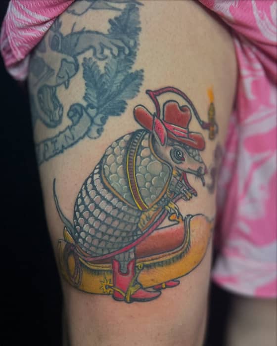 Sometimes you want a cowboy armadillo lassoing deli mustard while riding a corn dog. Lines are about a year healed. Thanks @sneaky_zombie for always wanting something fun to draw. Appreciate your continued support throughout my career ❤️
-Books open-
DM for inquiries 

#armadillo #armadillotattoo #cowboy #cowboytattoo #mustard #mustardtattoo #corndog #corndogtattoo #yeehaw #pdx #pdxtattoos #pnw #pnwtattoos #portland #northportland