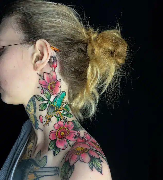 Really fun neck tattoo on my friend/ coworker Silas @1800stabyou. Done in one shot. Thanks for toughing it out I know that can be a rough spot…. Still waiting to get some healed photos 😑