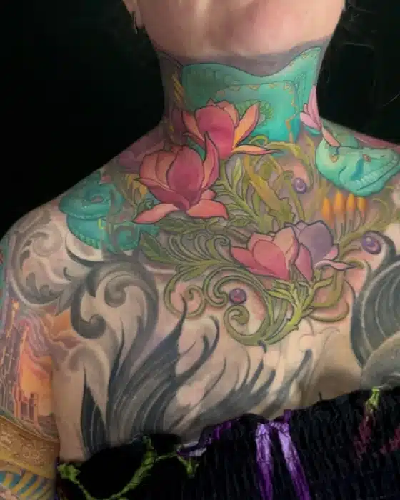 This was a daunting task: fit a throat tattoo that interlocks with Ashleigh’s chest and neck pieces. What a tough gal!