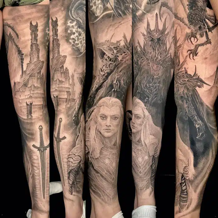 I think it took like 2 years to finish this painstaking #jrrtolkien #silmarillion #legsleevetattoo
Thank you for your dedication and your terrifyingly high pain tolerance @amy661j ❤️