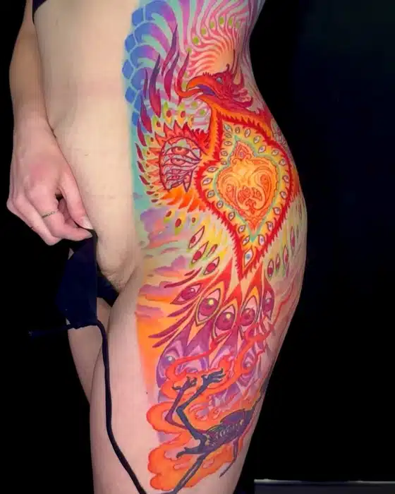 Pictures don’t really do it justice. One of my favorite tattoos of 2024, healed and settled. Kandis embodies the phoenix, and is a lovely, determined woman. Thanks for the trust!!
The design heavily references Alex Grey artwork, to whom I owe a great debt. Thank you @alexgreycosm
