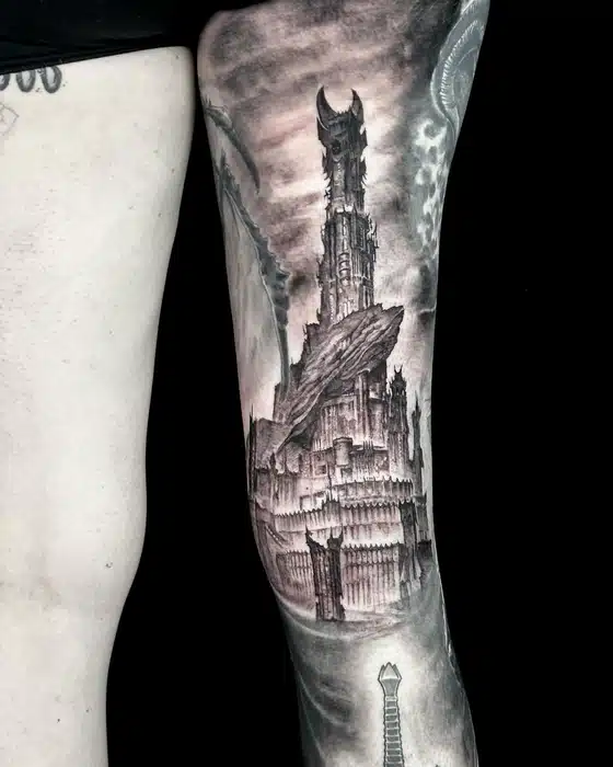 #lotr #simarillion #baraddur We knit together @amy661j ‘s #legsleeve with this massive tower! One shot, 7-ish hours. We’ll post finished pics of the entire leg soon ❤️