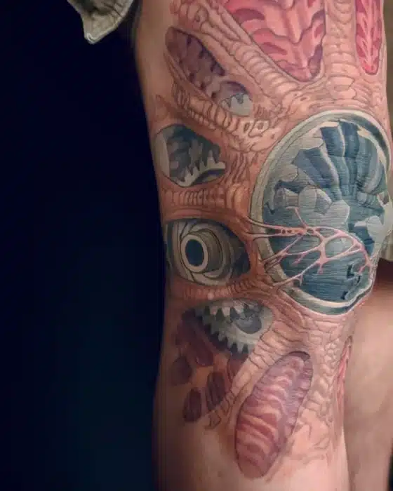 Scott had multiple knee surgeries, so this biomechanical knee tattoo reflects the reality! Plus we’re covering up multiple scars. Mostly healed :)