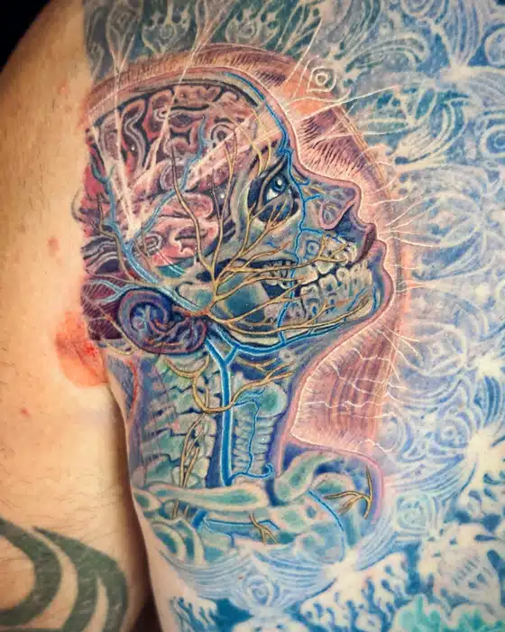 Finished one of Mick’s two daughters, based on Alex Grey’s Wonder (Zena Gazing at the Moon)
A couple more sits and the back will finally be done!
