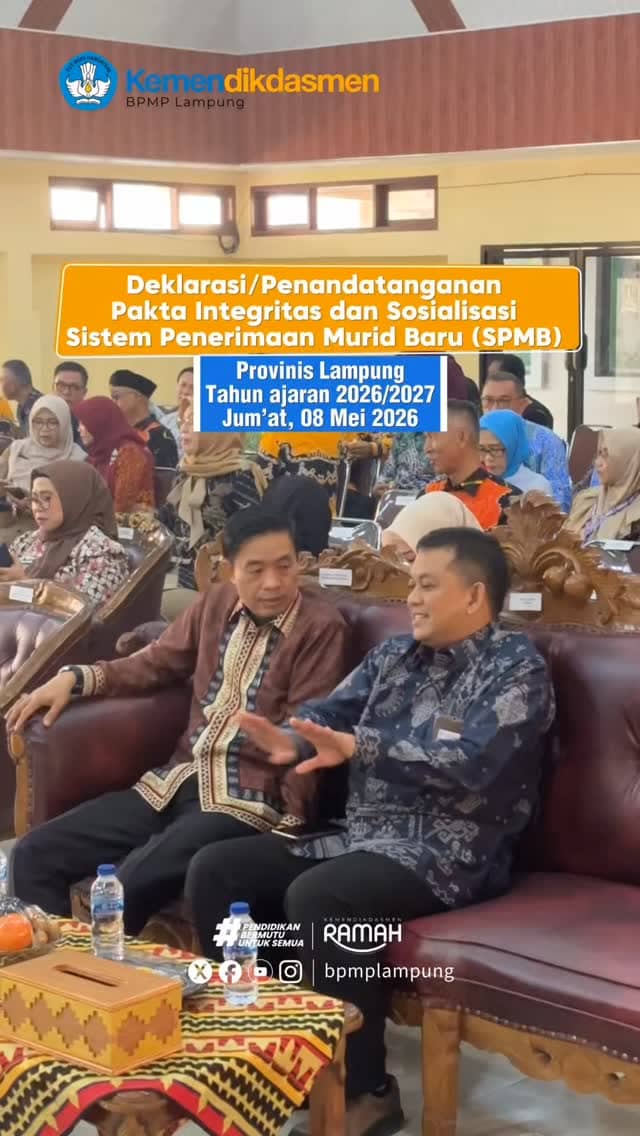 Sinergi untuk transformasi pendidikan Lampung! 

Momen berharga saat Kepala BPMP Lampung mengikuti prosesi penandatanganan komitmen bersama dan pakta integritas penyelenggaraan SPMB 2026. Kami percaya, dengan integritas yang kuat, setiap anak di Lampung memiliki kesempatan yang sama untuk mendapatkan pendidikan terbaik.

Bergerak bersama, mengawal mutu, menginspirasi perubahan! 

#spmb2026 #kemendikdasmenramah