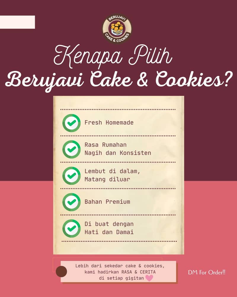 Lebih dari sekadar cake & cookies π°πͺ
setiap produk kami dibuat untuk menghadirkan
rasa hangat, tenang, dan nyaman seperti di rumah π€π‘
Dari adonan pertama hingga siap dinikmati
semuanya dibuat dengan penuh perhatian
bahan pilihan dan proses yang tidak tergesa
karena kami percaya, rasa terbaik
lahir dari kesabaran dan ketulusan π«
Biarkan setiap gigitan bercerita dan setiap momen terasa lebih bermakna π
π© DM for order
#BerujaviCakeCookies #HomemadeBakes
#CozyHomey #CookiesRumahan
#SweetMoment #NgopiSore #cemilanmanis