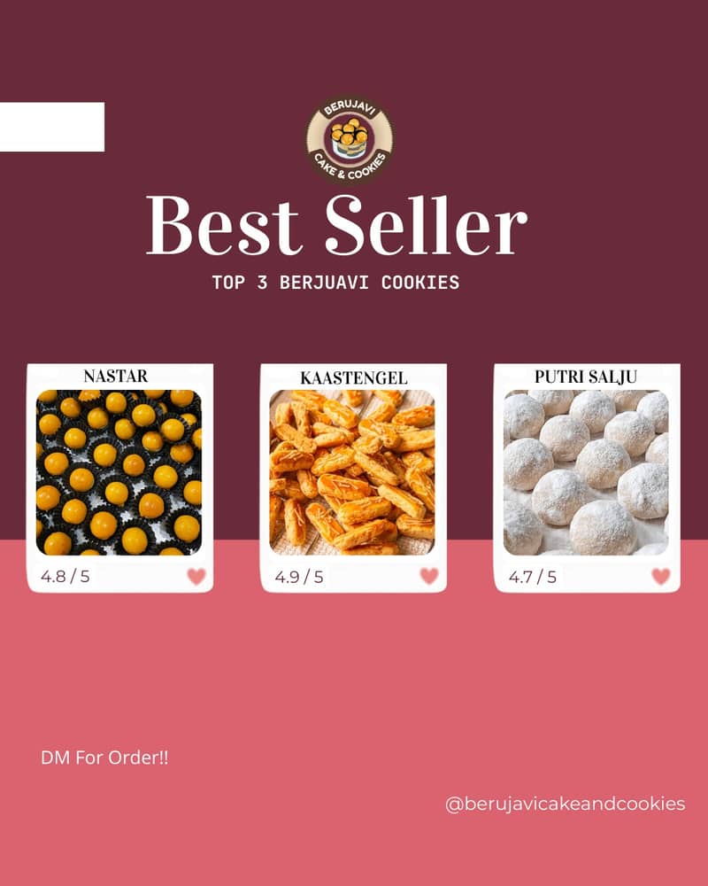 Mimin spill dikit ya ππͺ
Best Seller Alert π¨πͺ
Ini dia Top 3 Berjuavi Cookies yang paling jadi favorit customer!
π₯ Nastar β lembut, isian lumer
π₯ Kastengel β gurih kejunya berasa
π₯ Putri Salju β manis, ringan, nagih
Rating tinggi & selalu repeat order π
Yuk, amankan toples favoritmu sekarang~
π© DM for order!!
#berjuavicakeandcookies #cookiesrumahan #kuekering #kuekeringpremium #nastar #kastengel #putrisalju #bestcookies #cemalanhits #kuefavorit