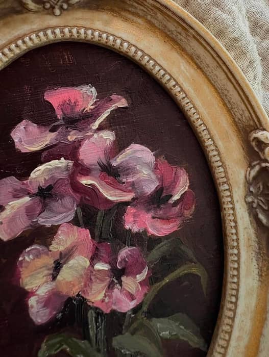 Purple Pansies, painted in soft pinks and deep plum tones, paired with a vintage