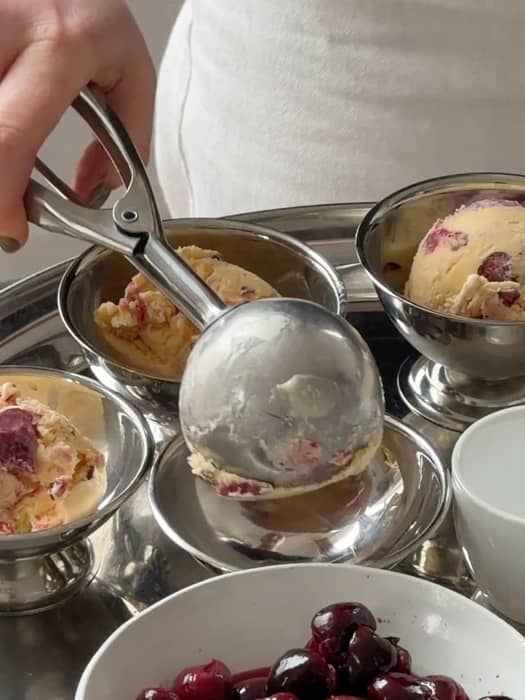 Cheats Malt and cherry ice cream/ affogato.
An ice-cream machine takes up too much space and is too expensive, so I cheat and scoop a whole tub of plain ice cream into my stand mixer with beater attachment plus whatever flavours I fancy. Here: Horlicks warmed in milk and poured in with cherries for a kind of malt / raspberry-ripple-ish one. Beat for a minute until its McFlurry texture, scoop back into the tub and freeze again. (Or eat immediately from the mixing bowl.)
Very good for easy hosting 

Best served as an affogato with extra syrupy cherries. @sageappliancesuk 

Recipe + more flavour ideas in next weeks newsletter with @theglossmag