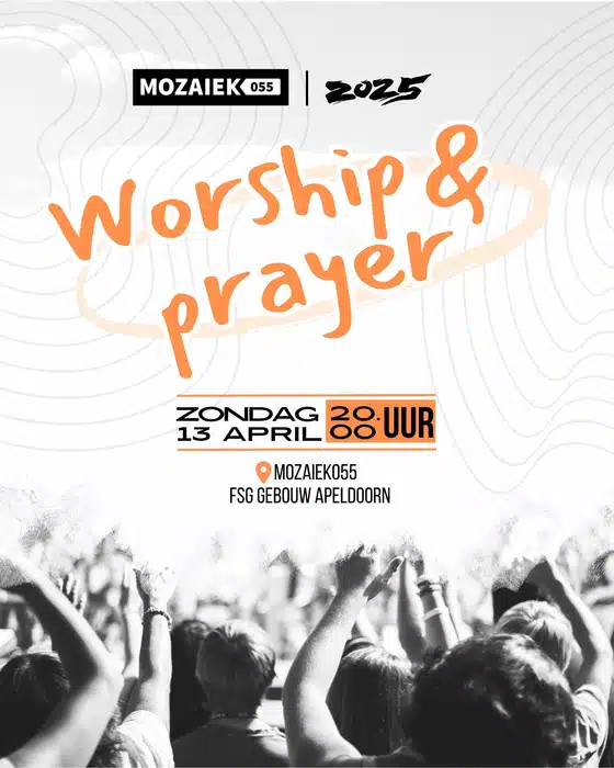 Komende zondag avond is er weer een Worship & Prayer in de Mozaiek055! 
Hiermee wordt de 24/7 Prayer afgetrapt. De Worship & Prayer zal beneden gehouden worden in de grote zaal en dit gaat weer een groot feest worden! 
Neem vooral ook vrienden, buren of familie mee. We zien jullie daar.