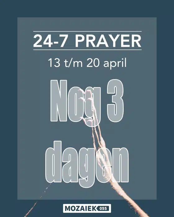 Over drie dagen is het zover. We gaan de laatste week in voor Pasen. Zoals jullie weten begint dan ook de 24/7 Prayer in de Mozaiek. Hier kunnen we nog wel veel hulp voor gebruiken om de week te vullen zodat er elk uur voor de kerk, onze lasten en de omgeving gebeden wordt en wij ons richten op Jezus.

Je kan je aanmelden via het evenement op onze website!