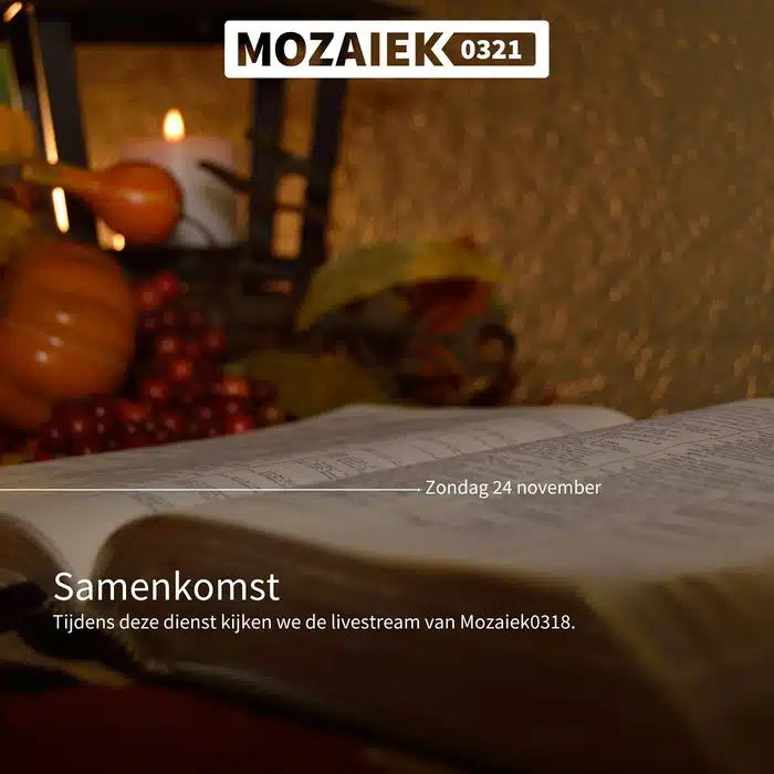 Komende zondag verwelkomen we je graag in onze dienst.
We starten de dienst om 10uur maar vanaf 9.30uur staat de koffie en thee voor je klaar.
Deze samenkomst kijken we de livestream van Mozaiek0318.

Tijdens de dienst is er oppas voor de allerkleinsten en ook de kids van de basisschool hebben hun eigen programma. 

Je bent welkom!