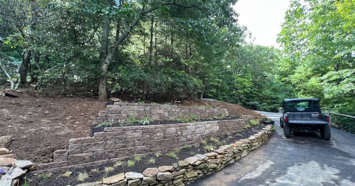 Tiered retaining wall install by Black Oak Hardscapes Western NC