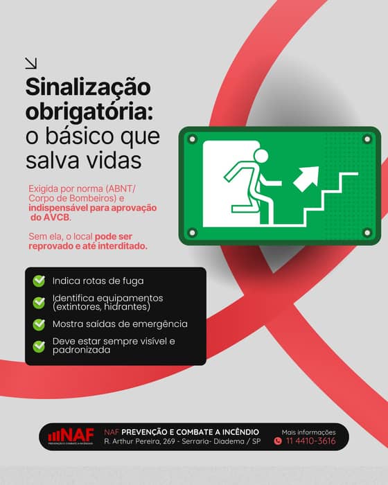 🚨 Você sabe a diferença entre sinalização obrigatória e complementar?

A sinalização obrigatória é exigida por norma e essencial para aprovação do AVCB — indica saídas, rotas de fuga e equipamentos de combate a incêndio.

Já a sinalização complementar reforça a segurança, orienta melhor as pessoas e ajuda a evitar erros em situações de emergência.

👉 Uma garante a regularização. A outra eleva o nível de proteção.

Não basta ter sinalização… tem que estar correta.

📲 Fale com a NAF e garanta que seu ambiente esteja seguro e dentro das normas.