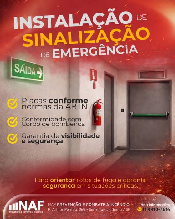 🚨 Em uma emergência, cada segundo conta.

A sinalização correta é o que orienta pessoas para uma saída segura, evitando pânico e acidentes. Sem isso, o risco aumenta — e muito.

✔️ Conforme normas da ABNT
✔️ Adequado ao Corpo de Bombeiros
✔️ Máxima visibilidade para situações críticas

Não deixe a segurança do seu espaço em segundo plano.

📲 Fale com a NAF e garanta a instalação correta da sinalização de emergência. Nós te ajudamos.