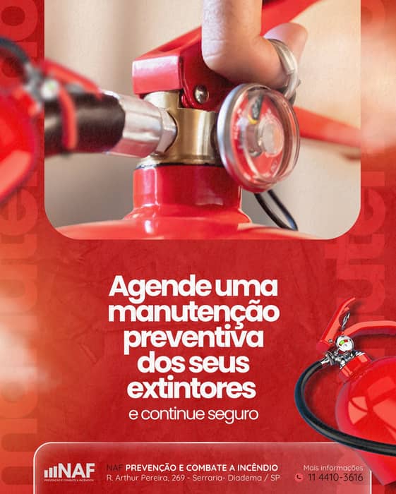 🚨 Seu extintor está pronto para uma emergência?

A manutenção preventiva é o que garante que ele funcione no momento em que você mais precisa. Não adianta ter o equipamento e não estar em condições ideais de uso.

✔️ Evite falhas
✔️ Esteja dentro das normas
✔️ Proteja vidas e patrimônio

Segurança não pode esperar.

📲 Agende agora a manutenção dos seus extintores com a NAF e fique tranquilo.

📞 (11) 4410-3616