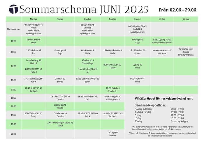 Sommaren närmar sig och vi är redo att svettas tillsammans! ☀️
Gruppträningsschemat för JUNI är här! Fyllt av våra favoritpass! 😍 Hela 34 liveklasser i veckan! 🤩

Mysan kör en favorit i repris från förra året, och cyklar på måndag mornar kl 7:30 från att skolorna slutar och ända fram till skolstart 🤗 Och vår nya cykelinstruktör på tisdag kvällar blir Jessica Hinkka! Vår sanna energiknippe som har en förmågan att få alla att orka lite till, kämpa lite hårdare och ändå lämna salen med ett leende på läpparna. Med sin smittande energi kommer ni att lämna klassen med känslan att ni klarade mer än ni trodde! 😉
Missa inte hennes premiärtur tisdagen den 3.6 kl 18:30 💥
Notera att vi har några små justeringar i öppettiderna under sommaren. Bl.a öppnar vi alla vardagar kl 9:00 och observera att fredagens morgoncycling startar av önskan redan kl 6:30 tillsammans med Linda 🚴‍♀️

Och Zumban kommer tillbaka på fredagar under juni 💃 Med två klasser i veckan! 🤩 Afrodance flyttas till onsdag och Les Mills Dance tar ett kort sommaruppehåll 😎 

På måndagar kl 15:15 kommer ni att få testa på Tabata med Ida istället för cirkel🤗 Fortfarande helkroppsträning som passar alla nivåer 🙌 

Låt träningen bli en skön del av dina sommarvanor, oavsett om du tränar för energin, styrkan eller bara för att må bra 😍 
Välkommen att träna med oss 🤍