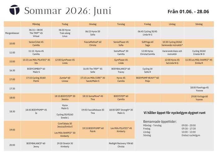 Här kommer det efterlängtade schemat för junimånad 🤩 

Det mesta är sig likt, men den som tittar lite extra noga kommer att upptäcka några spännande ändringar här och där.. 👀

På tisdagar är det Jessica ni kommer att se på Bodystep och Kimberly på stretch 😍 Ni ser även en ny instruktör på schemat som delar coretabata med Jessica i sommar 🥰 Emilia kommer ni också att se mycket av i reception i sommar 🌞 En presentation kommer inom kort 🌼 

Tisdag morgonens Hyrox pass ändras till ett ”Train along” pass, där instruktören tränar med 😀 

SeniorCirkeln på torsdagar tar sin vanliga sommarpaus, men vi fortsätter på måndagar som vanligt hela sommaren! 🙌 Däremot kommer Sofias populära SeniorPower att pågå under junimånad på torsdagar 😍 Boka gärna passet, då platsantalet är begränsat till 10. 

Nu är även den omåttligt populära kombinationen med SomaMove och Fasciarelease tillbaka på onsdagar! 🤩

Och Yvonnes härliga Flowyoga finns nu av önskan på kvällstid! Perfekt att kombinera med YinYoga efteråt 🤍

Som nyhet hittar ni även Redlight Recovery YIN på torsdag kvällar - endast som sommarspecial 😍 

Från och med 1.6 då nya schemat startar, kommer vi ut med nya låtar/helt nya releaser i våra Les Mills program, där ni även hittar dubbla instruktörer på vissa pass! 🤩

Nya möjligheter och härlig energi väntar! 🤩
Vad är du mest peppad på i junischemat? 🔥