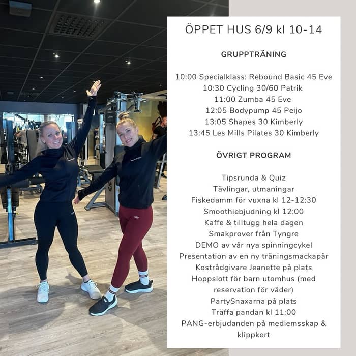 ÖPPET HUS nu på lördag 6/9 kl 10-14! 🥳 Kom och testa gratis vårt gym eller våra gruppträningar och ta del av massa roligt program 🤩 Nyfiken på vår utbyggnad? Kom in så berättar vi mer 😃 En liten gåva till dig som blir medlem under öppet hus 🤍
Utomhus finns även aktivitet för barn! Ett stort hoppslott, träffa Pandan samt PartySnaxarna på plats 🍿
Receptionen öppnar kl 9:30 🤗 Varmt välkomna! 🤍