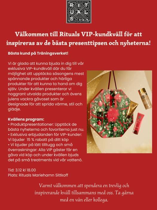 Det är dags igen, vi ordnar en VIP kväll hos rituals för er medlemmar ❤️😍

Du kan boka din plats i appen, och kom ihåg att avboka gärna minst ett dygn innan vid förhinder så någon annan för möjlighet att delta istället 🥰

Detta vill du inte missa, passa på att fynda julklappar 🎁