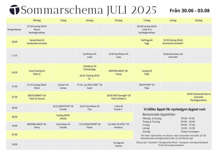 Sol ute, svett inne – eller både och! 🌞💦
Gruppträningsschemat för juli är här! 

Vi håller ångan uppe hela juli med ett brett och varierat schema för dig som vill hålla igång även när sommaren är som skönast. 🌿

Observera att måndagens Bodycombat är flyttad till kl 17:30 👊 Shapes, Tabata och FlowYoga tar semester från schemat, men endast i juli 😎 Även pranayogan och onsdagscirkeln tar paus, men dessa klasser kommer att dyka upp som varierande klass på helgerna 🤍 

Utöver det planerade schemat kommer det alltid att dyka upp lite extra pop-up klasser 🤗 Så håll koll på det aktuella schemat på vår hemsida eller via appen ☺️

Kom precis som du är – med semesterfeeling eller träningspepp i bagaget! 🙌