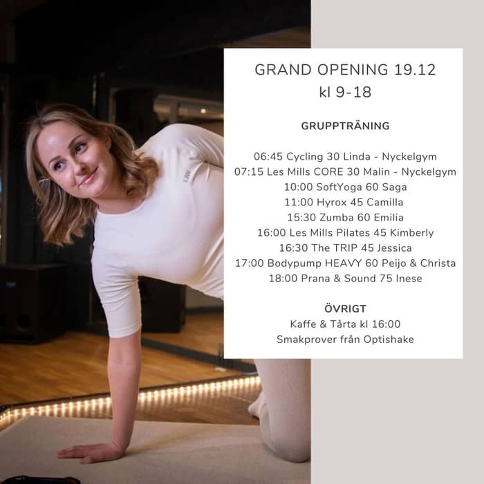 Wow, wow, wow! Redan 19.12 kan vi köra GRAND OPENING!!🥳 Vem är nyfiken?👀 

🏋️ Nya salar för gruppträning och mera yta för gym. Har du hunnit testa alla våra nya maskiner från lyxiga Technogym? 
🤸‍♂️ Ålands största utbud av gruppträning utökas ytterligare i samband med utbyggnaden. Vem är med och testar nyheter denna dag? 

11:00 HYROX med Camilla (endast för guldmedlemmar)
16:30 The TRIP med Jessica
17:00 Bodypump HEAVY med Peijo & Christa 

🚴‍♀️ Våra nya BodyBike Smart+ står redo i cykelsalen redan från morgonens pass. Ett under att spinna fram på. Dessutom kan du självklart koppla upp dig mot din telefon och följa ditt pass, för ännu roligare träning!

🔥 Bodypump HEAVY är en nyhet från Les Mills, där fokus är tyngre vikter, färre repetitioner, längre vila och mer kontroll. Allt för att du ska kunna bygga styrka och kraft med maximal teknik och resultat. 

🎂 Missa inte heller kaffe och tårta kl 16:00, och smakprover från Optishake under dagen. 

⏰ Bokning till passen öppnar som vanligt 7 dagar innan, kl 20:00. Passa på!

Lördag 20.12 kommer vi även att ha öppet hus. Håll utkik efter mera info om det.🤗