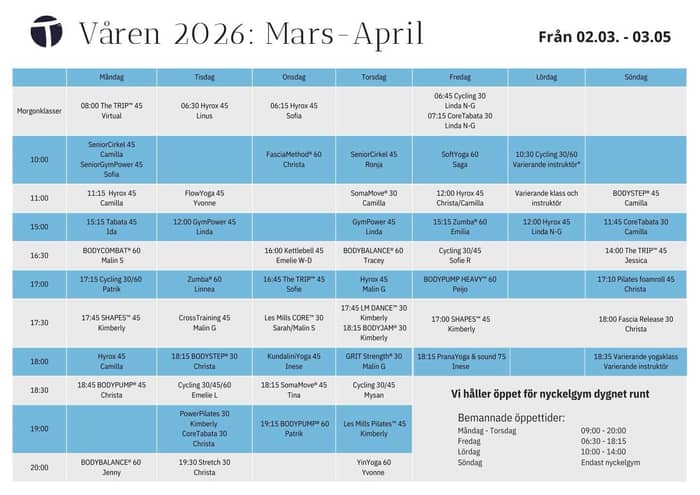 Här kommer vårens gruppträningsschema för mars-april 🤩🌿 

Det mesta är sig likt, men kolla noga - små ändringar finns på schemat 👀 

Nu har vi ytterligare 2 fasta klasser till i veckan på Hyrox! 🤩 Linus kettlebell på tisdag mornar ändras till Hyrox 45 minuter och Sofias Hyrox på onsdagar startar enligt önskan lite tidigare, kl 06:15 ☺️ Till på det, finns Hyrox som fast lunchklass varje fredag! 🥳 

Onsdagens SomaMove flyttar till gamla salen, och istället för fasciarelese finns nu kundaliniyoga med Inese varje onsdag kl 18:00🧘🏼‍♀️ Söndagens yoga fortsätter också med varierande instruktör 🧘🏼

Ia kommer att vara bortrest under mars-april, vilket betyder att Christa hoppar in på måndagens Bodypump och Linda N-G håller i hyrox-passen varje lördag💪

Psst.. Detta är bara vårt grundschema - utöver detta kommer det att dyka upp massa extrapass och roliga specialklasser 😉✨
