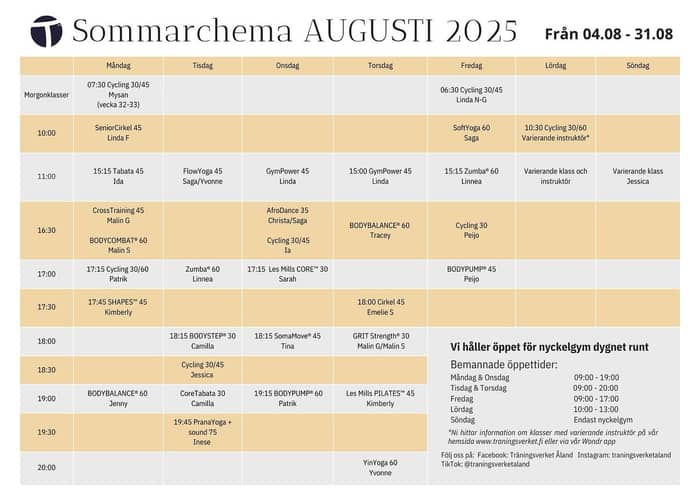 Gruppträningsschemat för augusti är här! 🌞 Fullspäckat med träningsglädje och några efterlängtade pass som är tillbaka från sin lilla sommarpaus 😍 

Augusti är en tid då många av oss börjar hitta tillbaka till rutiner och längtar efter träning och rörelse. 
Oavsett om du hållit igång hela sommaren, eller hunnit med några enstaka träningspass eller kanske inga alls, så  är du alltid välkommen hos oss 💛  I vårt stora utbud av gruppträningspass finns något för alla 😍 

Allt du behöver är att ta dig till gymmet - resten löser vi tillsammans😎💪
