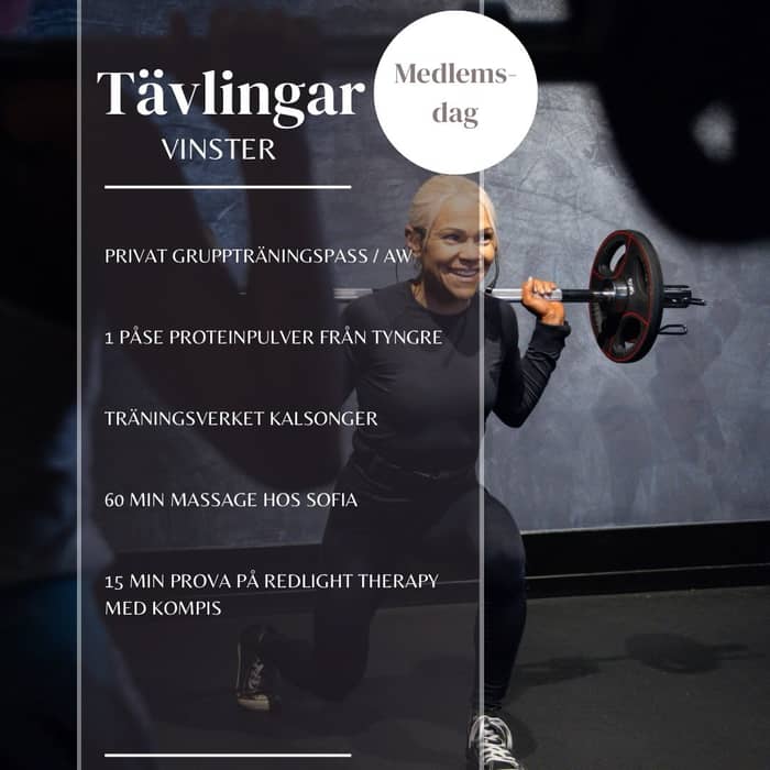 MEDLEMSDAG PÅ LÖRDAG! 🤩
Häng med på en maxad dag fylld av träning, tilltugg, tävlingar och grymma vinster! 🥳
Genom att delta i minst ett gruppträningspass under dagen, är du med i utlottning av en privat gruppträningspass/AW för dig och dina vänner eller kollegor! Värde minst 165€! 🥳 Deltar du i flera pass, har du större möjligheter att vinna :) Deltagarlappar fås från receptionen 🙂
Invid receptionen finns också en tävling för alla gymmare, där ni kan vinna en påse proteinpulver från Tyngre 💪 Tävlingen pågår mellan kl 10-14.
Delta i en quiz och vinn en 15 minuters testa på Redlight therapy tillsammans med en vän 🩷
Eller vem vill inte vinna en 60 minuters massage till Sofia? 😍
Till på det kan du delta i en tävling där du kan vinna ett par tjusiga Träningsverket kalsonger 😉
Dessutom har vi -10% rabatt på Tyngres proteinpulver under lördagen 🕺 Rabatten gäller endast för medlemmar ✨
Visst är du med oss på lördag? 🤩🥳🏋🏻♀️💃🕺