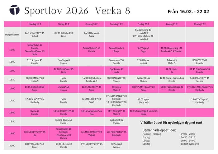 Sportlovet närmar sig och i och med det fortsätter i att hålla igång! 💪 Med ett stort utbud av gruppträning finns något för alla! 🤩 Schemat avviker något från vårt ordinarieschema, så håll extra utkik 👀 Denhär veckan hittar ni bl.a. lite fler Hyrox pass på schemat samt långcycling med Emelie & Emelie 🤩