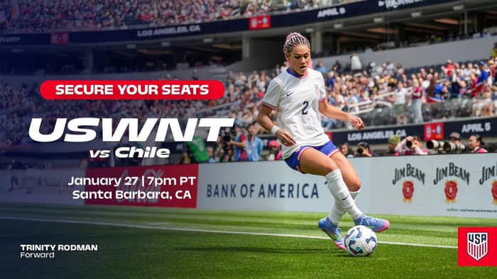 We’re thrilled to announce our partnership with U.S. Soccer, giving our athletes and soccer fans access to discounted tickets! 🎉

🎟️ Get your tickets here:  http://ussoccer.spinzo.com/LegendsFutbolAcademy

Join us for an unforgettable night of world-class soccer as the U.S. Women’s National Team takes the field against Chile.

📅 Date: Tuesday,  January 27, 2026

⏰ Time: 7:00PM

📍 Location: Harder Stadium, Santa Barbara, CA


@uswnt