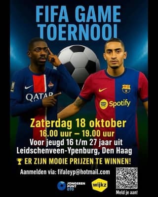 🎮⚽️ Doe mee aan het online FIFA Game Toernooi en win toffe prijzen 🏆 Meld je aan via de link in bio 🔗 

🗓️ Zaterdag 18 oktober 
⏰ 16.00 - 19.00 uur
🎮 Je speelt via PlayStation

👉 Heb je zelf geen PlayStation? Geen stress! Er zijn 20 plekken bij het jongerenpunt in het Wijkcentrum Piet Vink Ypenburg waar je alsnog mee kan doen. Meld je wel snel aan want de plekken zijn beperkt! 

📍Wijkcentrum Piet Vink Ypenburg (Laan van Hoornwijck 260) 

Zien we je daar? 

#FIFA #toernooi #gamen #voetbal #online #jongeren #leidschenveenypenburg #wijkz #jongerenpunt070