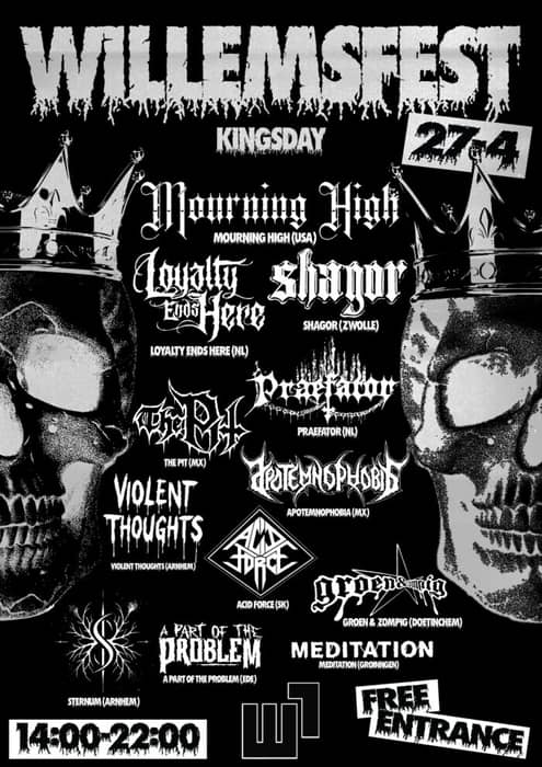 Koningsdag de hele dag moshen voor nop? Vier de verjaardag van Willem op een geen-oranje-maar-zwart feestje in Arnhem en zie een royale line-up voor 0 euro! Let's goooo... Zie @willemeen_arnhem for details