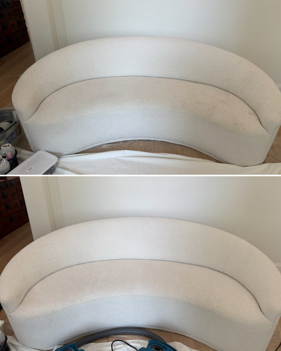 ✨ Today’s transformation! This beautiful curved bouclé sofa got a much-needed refresh toda…
