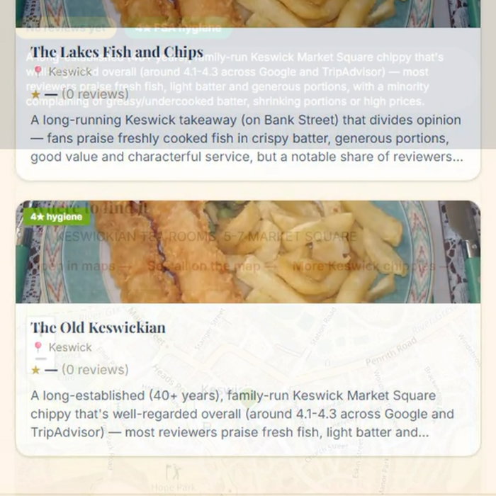 Finding a proper chippy in the Lakes shouldnβt be a gamble. ππ We read what reviewers actually say about every chippy β fresh fish or frozen, the batter, the portions, the price β and pull out a straight verdict, plus the official FSA hygiene rating. By town, across the Lakes & Furness. Free, no app. Find your town β link in bio.