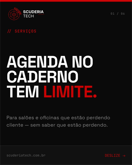 Enquanto você procura o horário no caderno, o cliente já foi para o concorrente que tem agendamento online.
Agenda manual tem limite. E esse limite aparece exatamente quando o negócio começa a crescer.
Deslize para ver o que muda com um sistema certo — para salão e oficina.
A primeira conversa é técnica, não comercial. Link na bio.