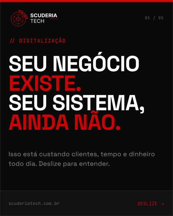 Seu negócio existe. Seu sistema, ainda não.
Enquanto você anota no caderno, seu concorrente já automatizou. A diferença entre os dois é menor do que você imagina.
A primeira conversa é técnica, não comercial.
🏎️