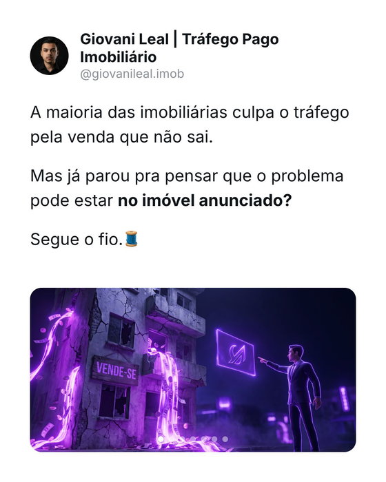 A maioria das imobiliárias acha que tem problema de tráfego. Tem problema no imóvel anunciado. O melhor anúncio não vende um imóvel mal precificado, mal fotografado e sem exclusividade. Captar bem derruba seu custo de mídia antes mesmo do anúncio subir. Salva esse e manda pro seu time de captação.