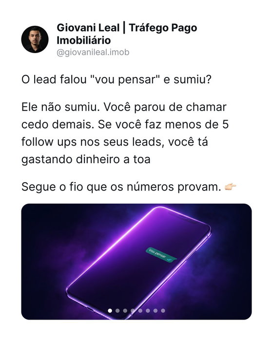 "Vou pensar" e você achou que era não? 80% das vendas fecham entre o 5º e o 12º contato, mas 90% dos corretores param no 3º. O problema quase nunca é o lead. É onde o follow-up para. 👇 Comenta OBJEÇÃO.