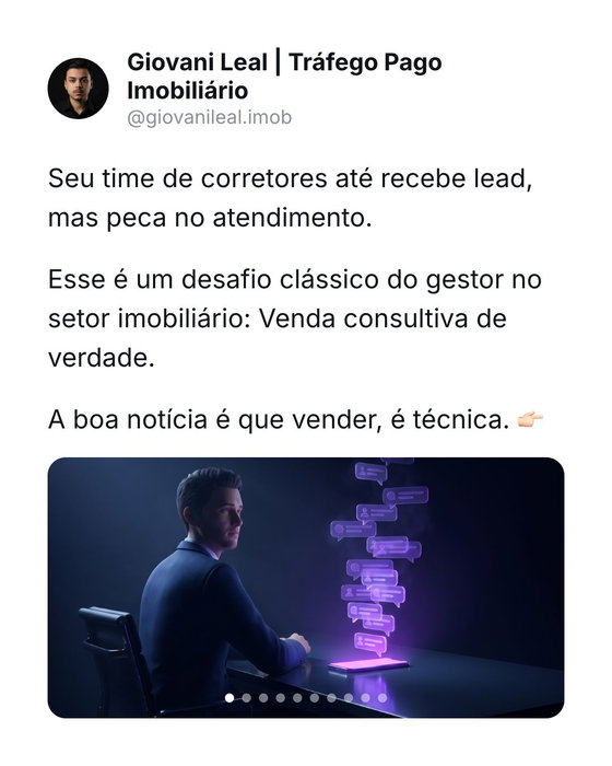 Todo gestor já ouviu do time que "os leads vêm ruins". Mas o mesmo lead que um corretor descarta, o outro transforma em visita. O problema quase nunca é o lead, é o atendimento. Venda consultiva é técnica, e cabe em 7 passos. Salva esse e manda pro seu time comercial. Comenta ATENDIMENTO que a gente te mostra como estruturar o processo.