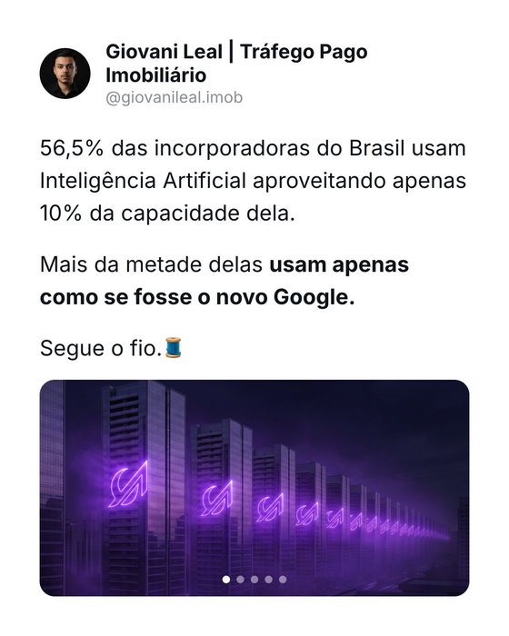 56,5% das incorporadoras já usam IA, mas quase todas usam do mesmo jeito: abrir o ChatGPT e pedir um texto. Isso não converte lead. O que converte é IA dentro do atendimento, personalizando a conversa com cada cliente e fazendo follow-up sozinha. É pra isso que a gente construiu o LM Flow, nosso CRM com IA por dentro. Salva esse e manda pra quem ainda acha que ter IA e abrir o ChatGPT.